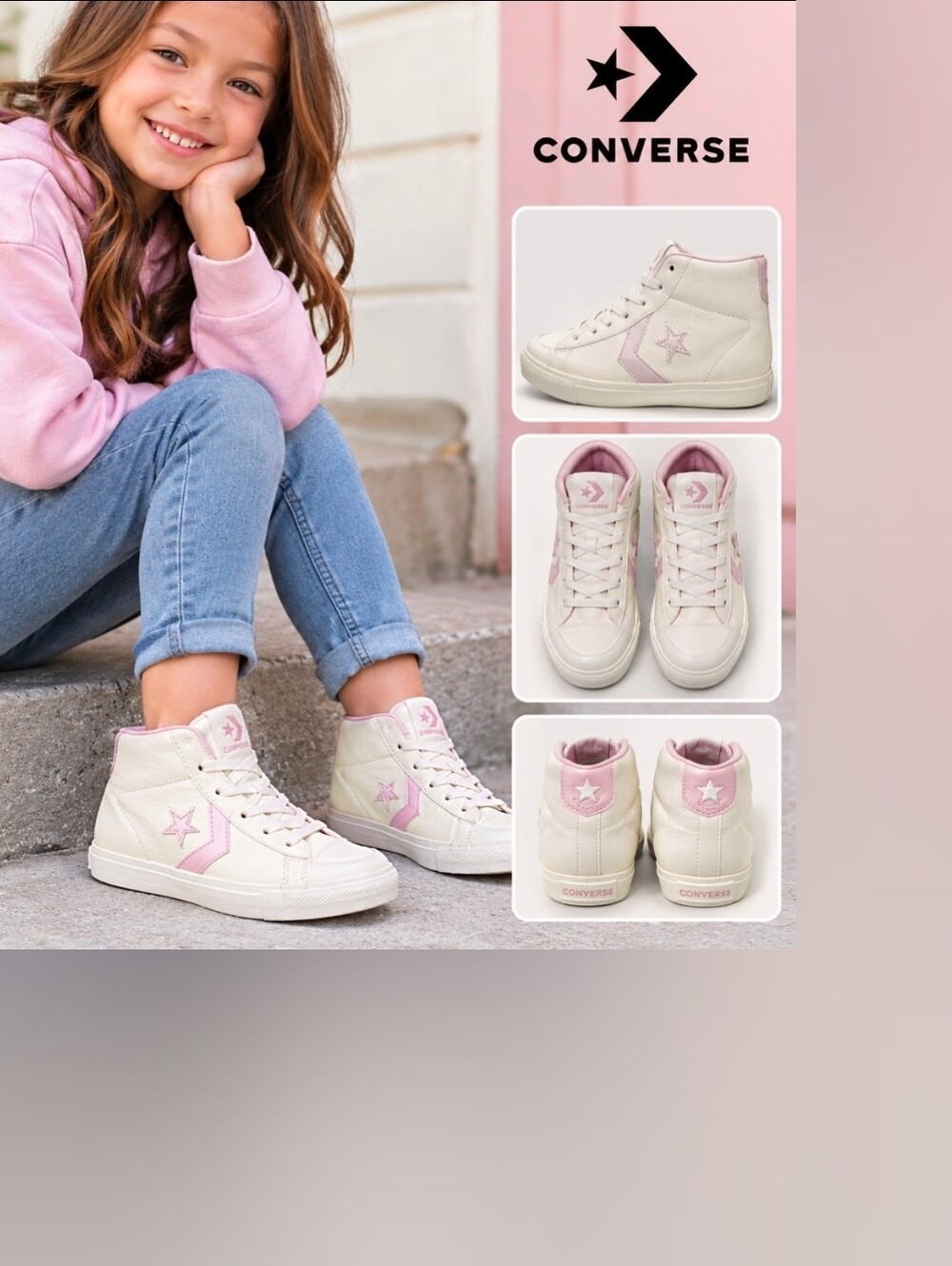 Converse Kids Size 6 Ivory and Pink Mid-Top Old School Lace-Up Sneakers